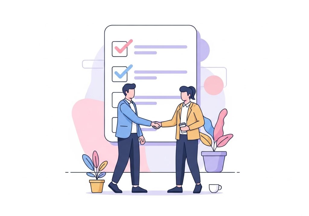 An illustration of a successful client onboarding process, showing a checklist and a friendly handshake.
