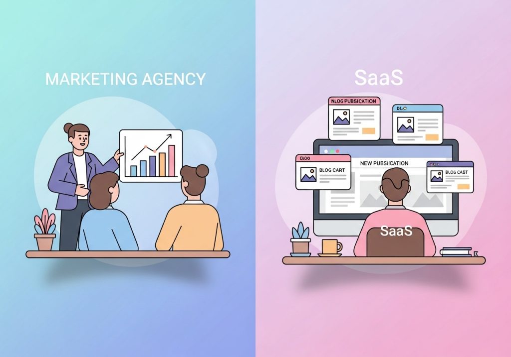 Illustration of marketing agencies and SaaS teams benefiting from automated content creation.