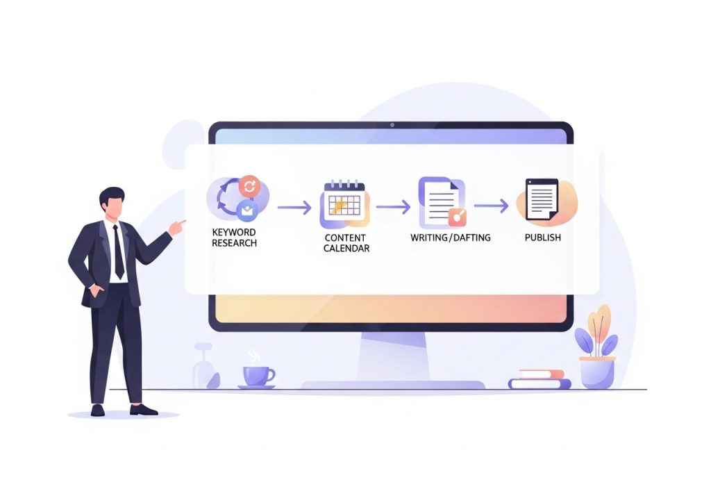 A diagram illustrating the steps to automate content creation, from keyword research to publishing.