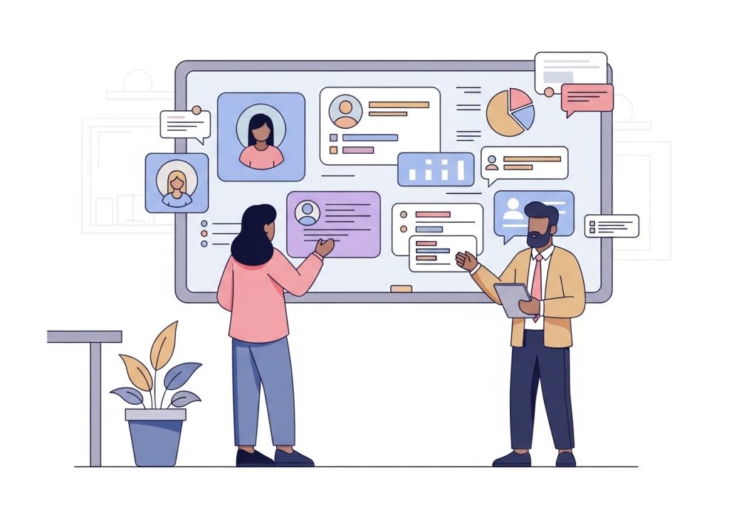 Illustration of a marketing team defining an ideal customer profile on a whiteboard.