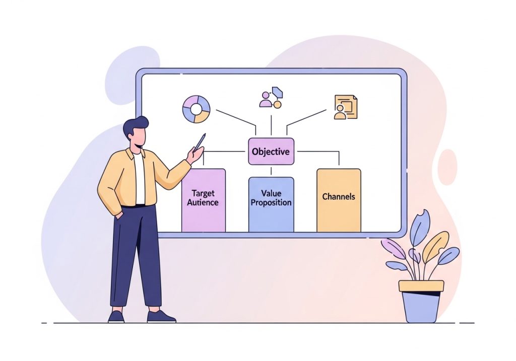 A marketing professional developing a long-term strategy on a whiteboard, a key step in the strategy vs tactics framework.