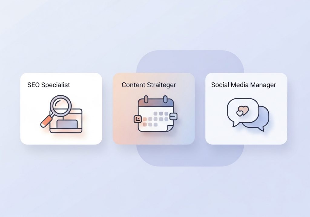 Icons representing core digital media positions like SEO, content strategy, and social media.