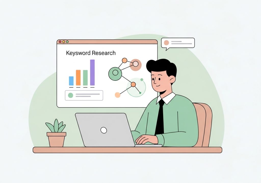 Vector illustration of a content strategist performing keyword research to help boost SEO.