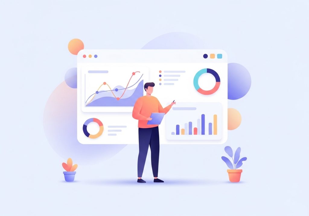 A vector illustration of an account manager tracking key client metrics on a digital dashboard.